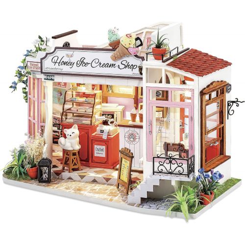  ROBOTIME Dollhouse Miniature with LED Wooden Miniature Craft Kits for Adults DIY Model Ice-Cream Shop Kits Creative Gift