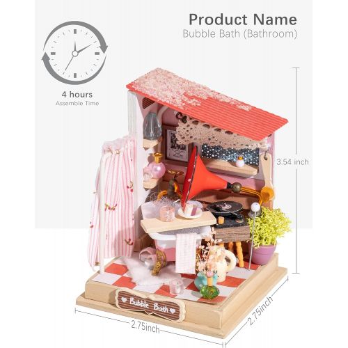  ROBOTIME Miniature Dollhouse Kit for Teens DIY Miniature Bathroom Set with Furniture Wooden Craft Kit Creative Gift for Adults & Kids (Bubble Bath)