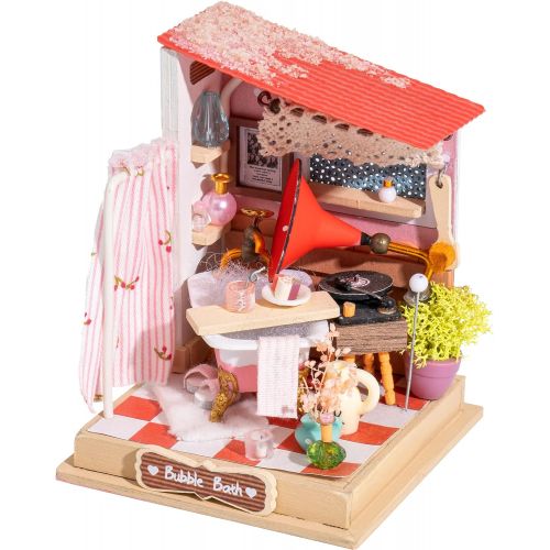  ROBOTIME Miniature Dollhouse Kit for Teens DIY Miniature Bathroom Set with Furniture Wooden Craft Kit Creative Gift for Adults & Kids (Bubble Bath)