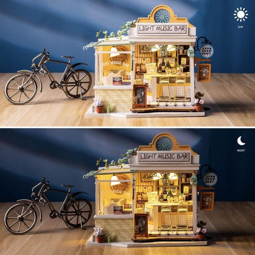  ROBOTIME DIY Dollhouse Miniature Wooden Light Music Bar Kit with LED to Build Miniature Craft Kits for Adults Decent Gift
