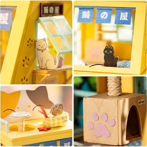  ROBOTIME DIY Dollhouse Miniature Kit Cat House with LED Light DIY Miniature Craft Kits for Adults Unique Birthday Gifts for Teens & Girls
