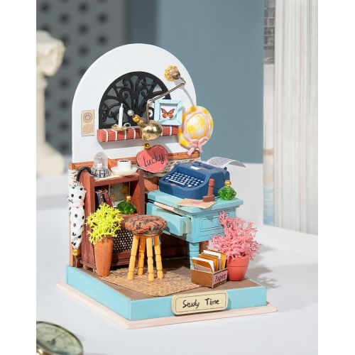  ROBOTIME DIY Miniature Dollhouse Kit Wooden Tiny Building Study Kit with Furniture Creative Gift & Home Decor for 14+ (Record Mood)