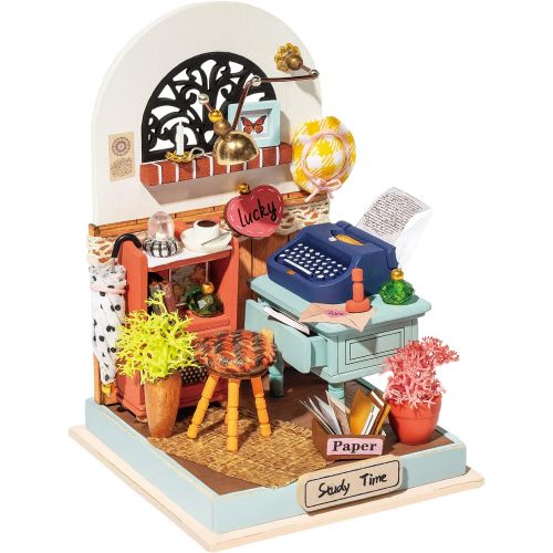  ROBOTIME DIY Miniature Dollhouse Kit Wooden Tiny Building Study Kit with Furniture Creative Gift & Home Decor for 14+ (Record Mood)