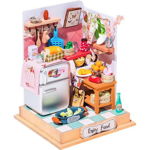  ROBOTIME DIY Miniature Dollhouse Kit for Adults DIY Tiny Kitchen Making Kit with Furniture Wooden Craft Kits Creative Birthday Gift for Kids (Taste Life)