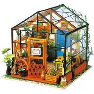 ROBOTIME DIY Dollhouse Wooden Miniature Furniture Kit Mini Green House with LED Best Birthday Gifts for Women and Girls