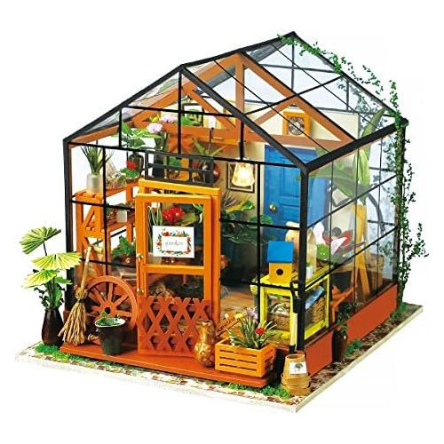  ROBOTIME DIY Dollhouse Wooden Miniature Furniture Kit Mini Green House with LED Best Birthday Gifts for Women and Girls