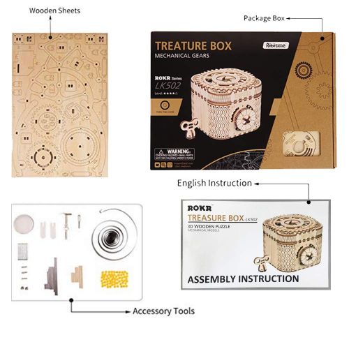  ROBOTIME 3D Wooden Treasure Box Puzzle Unique Model Kits to Build Mechanical Engineering Kits Great Birthday for Adults and Children Age 14+