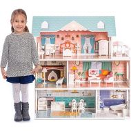 ROBUD Wooden Dollhouse for Kids Girls, Toy Gift for 3 4 5 6 Years Old, with Furniture