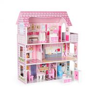 ROBUD Wooden Dollhouse with Furniture, Pretend Play Doll House Toys for Kids, Gift for 3 4 5 6 Years Old Girls