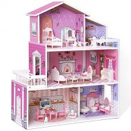 ROBUD Wooden Dollhouse Playset, 3 Stories, 5 Rooms, 24 PCS Furniture, Pretend Play Toys Gift for Kids Toddlers Girls