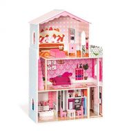 ROBUD Wooden Dollhouse for Girls Toy Dollhouse Kids with Elevator Furniture Pretend Play Wood Doll House for 12inch Dolls