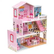 ROBUD Wooden Dollhouse Wood Doll House with Furniture Accessories Preschool Dollhouse for Girls Toy Dollhouse Pink Pretend Play Doll House Playset