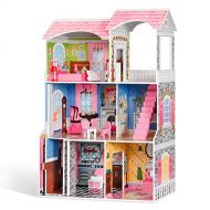 ROBUD Wooden Dollhouse Wood Doll House with Elevator Furniture Accessories 3.8ft Tall 5 Rooms 3-Storey Wood Dollhouse for Girls Toddlers