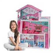 ROBUD Wooden Dollhouse with Furniture 3-Storey 4-Rooms 3.8ft Tall Pretend Play Toy Dollhouse for Kids