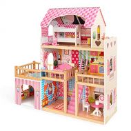 ROBUD Wooden Dollhouse for Kids 3-12 Years with Furniture 3ft Tall 3-Storey Preschool Dollhouse Playset Toy Dollhouse for Girls