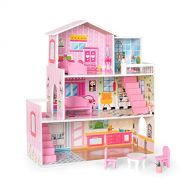 ROBUD Wooden Dollhouse with Furniture, Doll House Playset for Kids Girls, Gift for Ages 3 Years