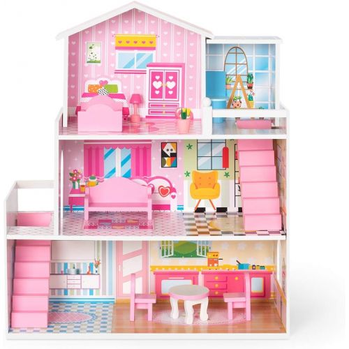  ROBUD Wooden Dollhouse with Furniture, Doll House Playset for Kids Girls, Gift for Ages 3 Years