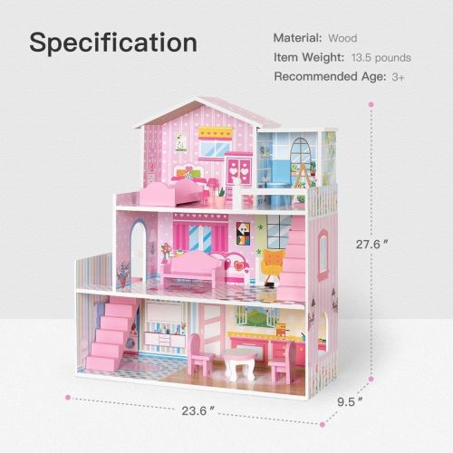  ROBUD Wooden Dollhouse with Furniture, Doll House Playset for Kids Girls, Gift for Ages 3 Years