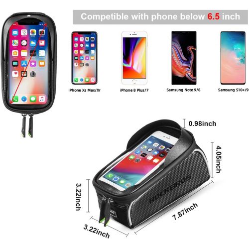  ROCK BROS Bike Phone Front Frame Bag Bicycle Bag Waterproof Bike Phone Mount Top Tube Bag Bike Phone Case Holder Accessories Cycling Pouch Compatible with iPhone 11 XS Max XR Fit 6.5”