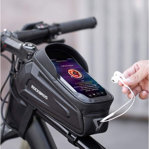  ROCK BROS Bike Phone Front Frame Bag Waterproof Bicycle Phone Mount Bag Hard Shell Bike Phone Pouch Cell Phone Case Compatible with iPhone 11/12 Pro XR XS Max 7 8 Plus Phones Below