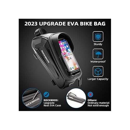  ROCKBROS Bike Bag Phone Mount Bag Bicycle Accessories Pouch, EVA Waterproof Bike Phone Holder Top Tube Front Frame Bag Handlebar Bags Compatible Phones Under 6.8”