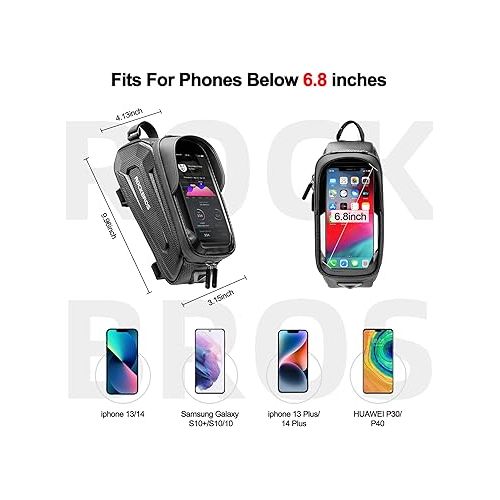  ROCKBROS Bike Bag Phone Mount Bag Bicycle Accessories Pouch, EVA Waterproof Bike Phone Holder Top Tube Front Frame Bag Handlebar Bags Compatible Phones Under 6.8”