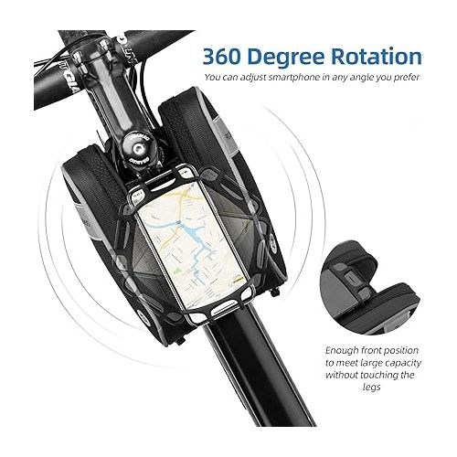  ROCKBROS Bike Front Frame/Handlebar Phone Mount Bag Top Tube Bike/Bicycle Bag Waterproof Cycling Accessories Bike Pouch with 360° Rotation Phone Holder Fit Smartphone Below 6.7''