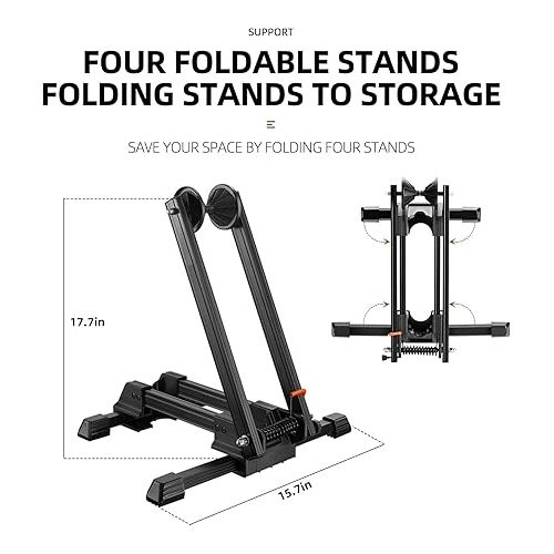  ROCKBROS Foldable Bike Stand Floor Alloy Bicyle Stand Folding Indoor Parking Wheel Holder Fit 20”-29” (Black)