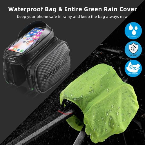  ROCK BROS Bike Bag Waterproof Top Tube Phone Bag Front Frame Mountain Bicycle Touch Screen Cell Phone Holder Pouch Compatible with iPhone X, 8 Plus 7