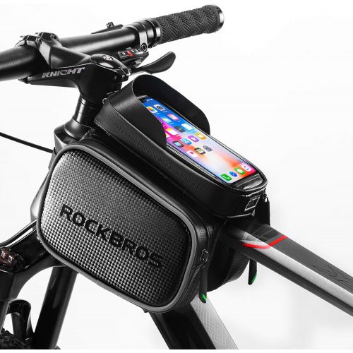  ROCK BROS Bike Bag Waterproof Top Tube Phone Bag Front Frame Mountain Bicycle Touch Screen Cell Phone Holder Pouch Compatible with iPhone X, 8 Plus 7