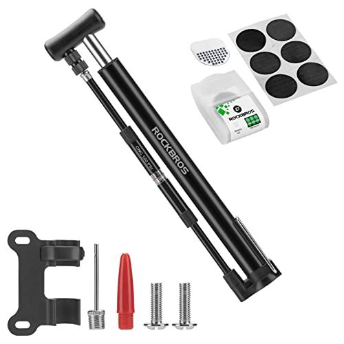  ROCKBROS Portable Bike Pump with Gauge, 120 PSI - Air Pump for Bike Tire Presta & Schrader Valve, Bicycle Pump with Pressure Gauge (Free Glueless Puncture Repair Kit)