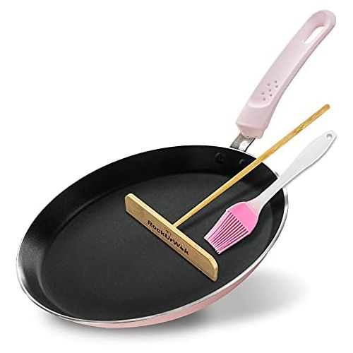 ROCKURWOK Crepe Pan, Nonstick Pancake Pan with Silicone Handle Frying Skillet Griddle for Omelette, Tortillas, Dosa, 9.5-Inch, Pink