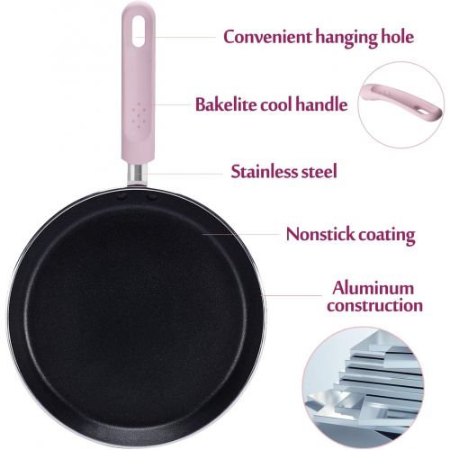  ROCKURWOK Crepe Pan, Nonstick Pancake Pan with Silicone Handle Frying Skillet Griddle for Omelette, Tortillas, Dosa, 9.5-Inch, Pink