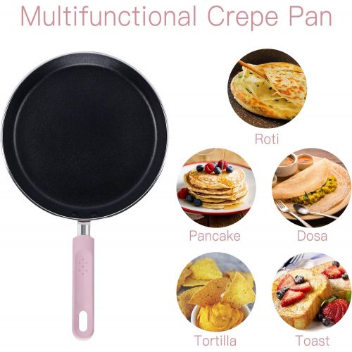  ROCKURWOK Crepe Pan, Nonstick Pancake Pan with Silicone Handle Frying Skillet Griddle for Omelette, Tortillas, Dosa, 9.5-Inch, Pink