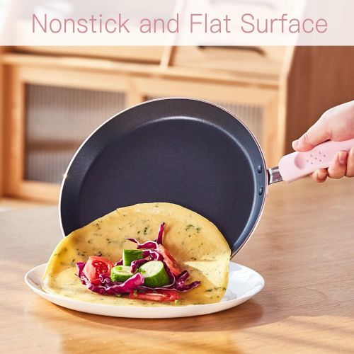  ROCKURWOK Crepe Pan, Nonstick Pancake Pan with Silicone Handle Frying Skillet Griddle for Omelette, Tortillas, Dosa, 9.5-Inch, Pink