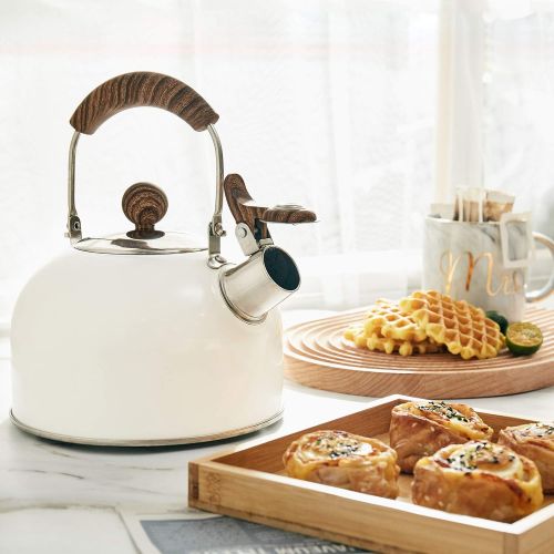  [아마존베스트]ROCKURWOK Tea Kettle, Stovetop Whistling Teapot, Stainless Steel, Pearl White, 2.43-Quart