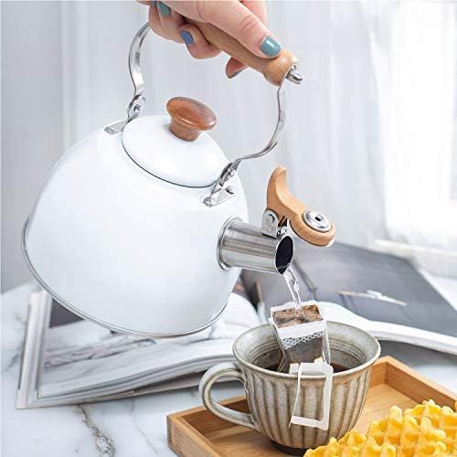  [아마존베스트]ROCKURWOK Tea Kettle Stovetop Whistling Teapot, Stainless Steel, 1.6-Quart White