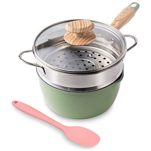  [아마존베스트]Saucepan with Steamer, ROCKURWOK Nonstick Sauce Pan Small Pot with Lid, Solid Wood Handle, 2.5 Quart, Green