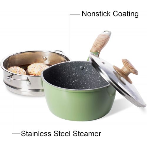  [아마존베스트]Saucepan with Steamer, ROCKURWOK Nonstick Sauce Pan Small Pot with Lid, Solid Wood Handle, 2.5 Quart, Green