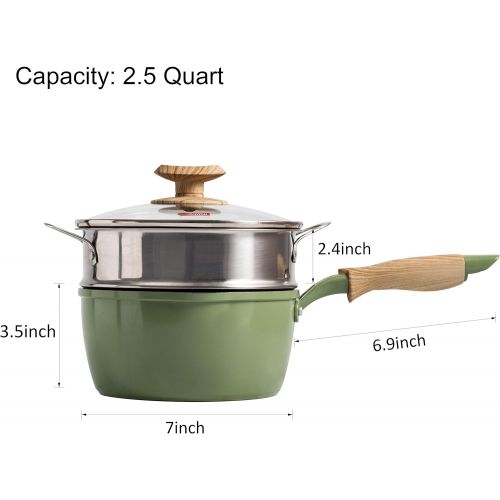  [아마존베스트]Saucepan with Steamer, ROCKURWOK Nonstick Sauce Pan Small Pot with Lid, Solid Wood Handle, 2.5 Quart, Green