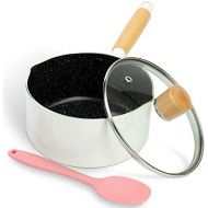 ROCKURWOK Saucepan, Nonstick Sauce Pan Small Pot with Lid, Solid Wood Handle, 1.7 Quart, White