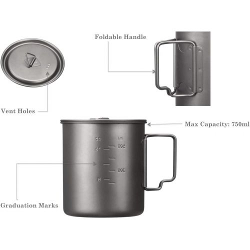  ROCREEK Titanium 750ml Pot with Lid Portable Mug for Backpacking Camping Open Fire