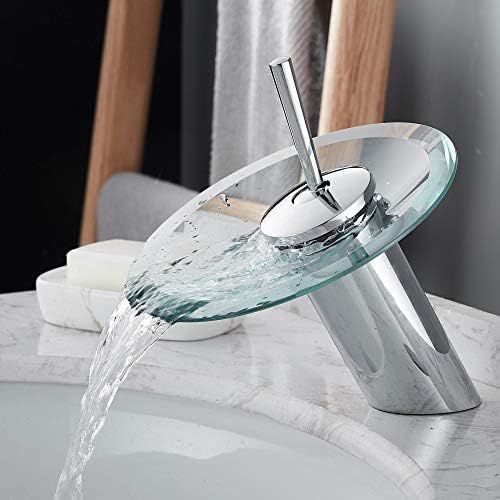  RODDEX Waterfall Bathroom Sink Faucet Solid Brass Glass One Handle Single Hole Basin Vanity Bathroom Faucet, Short, Blue+Chrome