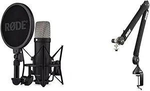 Rode NT1 5th Generation Condenser Microphone with SM6 Shockmount and Pop Filter - Black & PSA1+ Desk-Mounted Broadcast Microphone Boom Arm