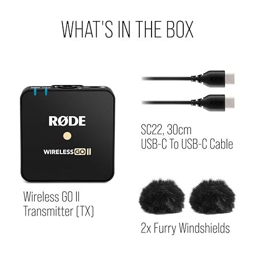 로데 RØDE Wireless GO II TX Ultra-compact Wireless Transmitter with Built-in Microphone, On-board Recording and up to 200m Range for Filmmaking, Interviews and Content Creation (Transmitter Only)