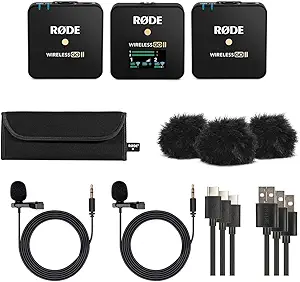 RØDE Wireless Go II Dual Channel Wireless System with Built-in Microphones with Analogue and Digital USB Outputs, with 2X Transmitter, Bundle with 2X Turnstile Audio Lavalier Microphone