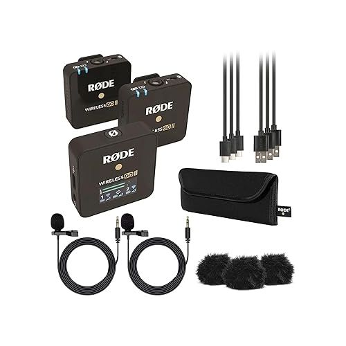 로데 RØDE Wireless Go II Dual Channel Wireless System with Built-in Microphones with Analogue and Digital USB Outputs, with 2X Transmitter, Bundle with 2X Turnstile Audio Lavalier Microphone