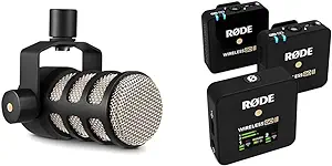 Rode PodMic Cardioid Dynamic Broadcast Microphone, Black & RØDE Wireless Go II Dual Channel Wireless System with Built-in Microphones