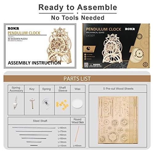  [아마존베스트]ROKR 3D Wooden Puzzle Building Clock Construction Kit Mechanical Model Building Gift Pendulum Clock