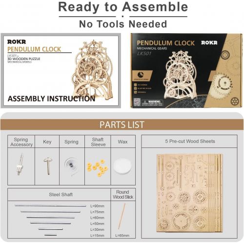  [아마존베스트]ROKR 3D Wooden Puzzle Building Clock Construction Kit Mechanical Model Building Gift Pendulum Clock